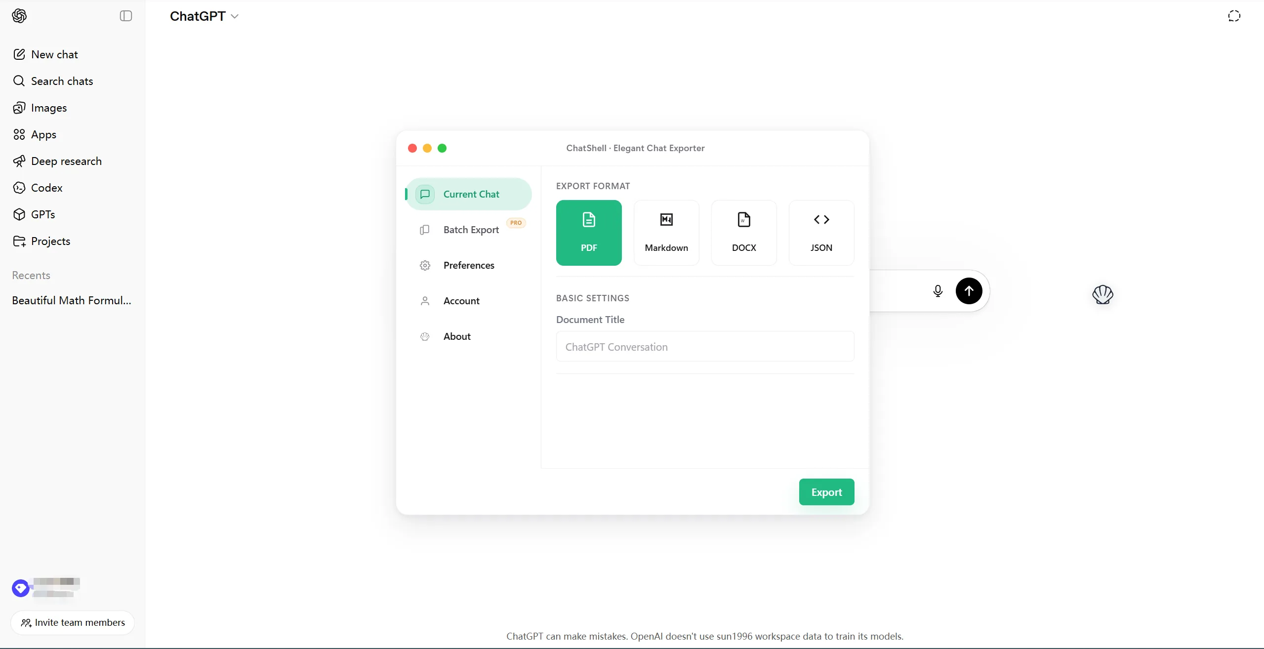 ChatShell export panel inside ChatGPT, with PDF, Markdown, DOCX and JSON options